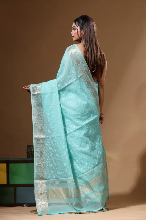 SEA_GREEN_MAL_CHANDERI_with_CHICKEN_KARI_Saree_with_Blouse_Piece