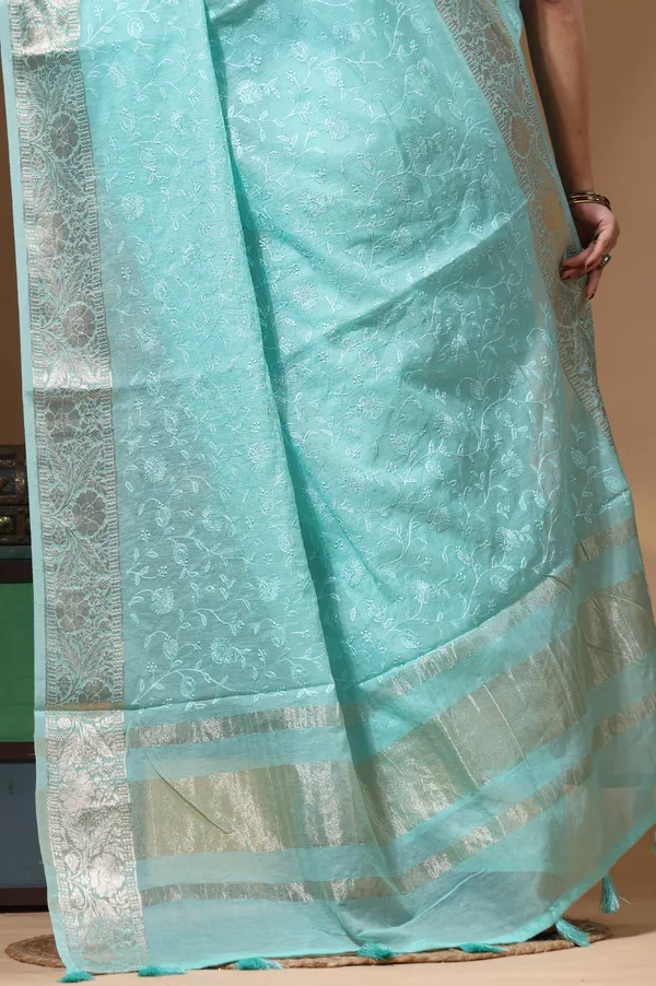 SEA_GREEN_MAL_CHANDERI_with_CHICKEN_KARI_Saree_with_Blouse_Piece