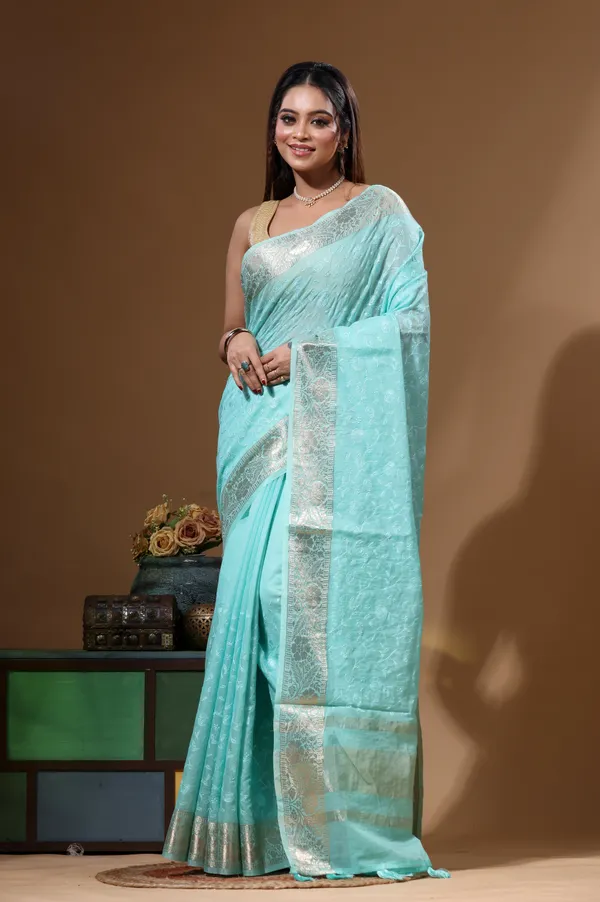 SEA_GREEN_MAL_CHANDERI_with_CHICKEN_KARI_Saree_with_Blouse_Piece