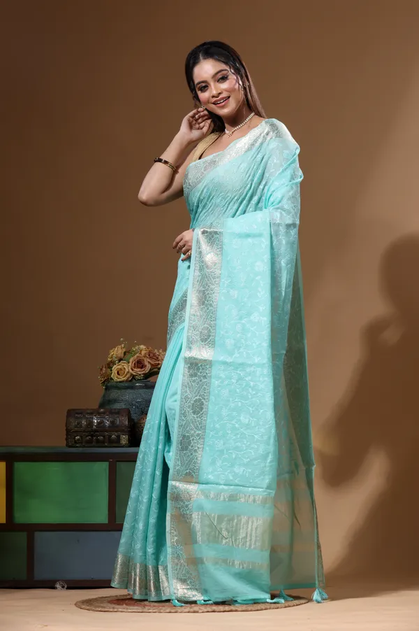 SEA_GREEN_MAL_CHANDERI_with_CHICKEN_KARI_Saree_with_Blouse_Piece