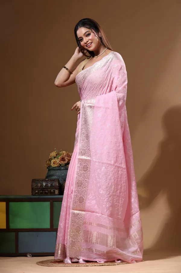 PINK_MAL_CHANDERI_with_CHICKEN_KARI_Saree_with_Blouse_Piece