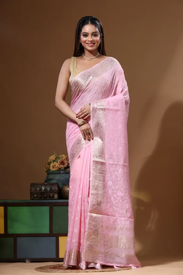 PINK_MAL_CHANDERI_with_CHICKEN_KARI_Saree_with_Blouse_Piece
