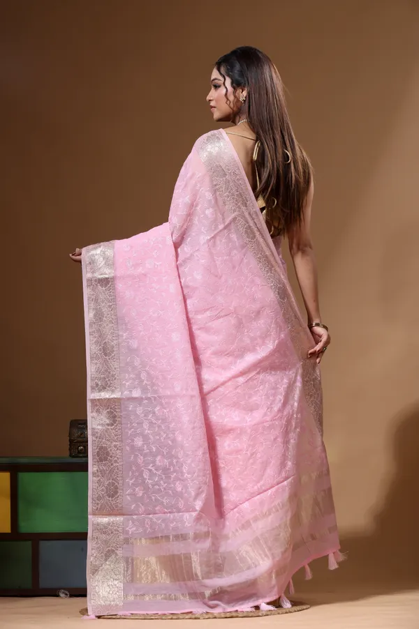 PINK_MAL_CHANDERI_with_CHICKEN_KARI_Saree_with_Blouse_Piece