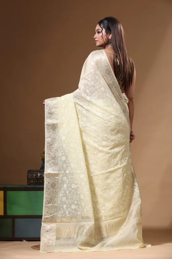 LEMON_YELLOW_MAL_CHANDERI_with_CHICKEN_KARI_Saree_with_Blouse_Piece