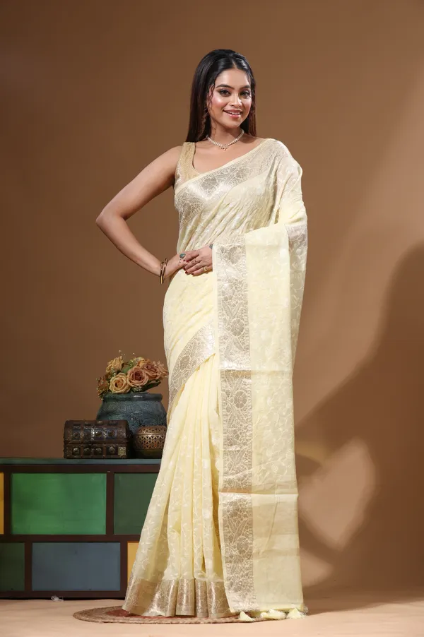 LEMON_YELLOW_MAL_CHANDERI_with_CHICKEN_KARI_Saree_with_Blouse_Piece