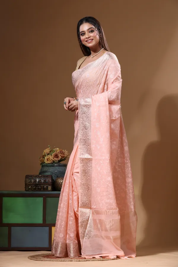 PEACH_MAL_CHANDERI_with_CHICKEN_KARI_Saree_with_Blouse_Piece