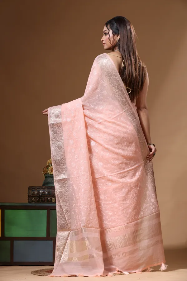 PEACH_MAL_CHANDERI_with_CHICKEN_KARI_Saree_with_Blouse_Piece