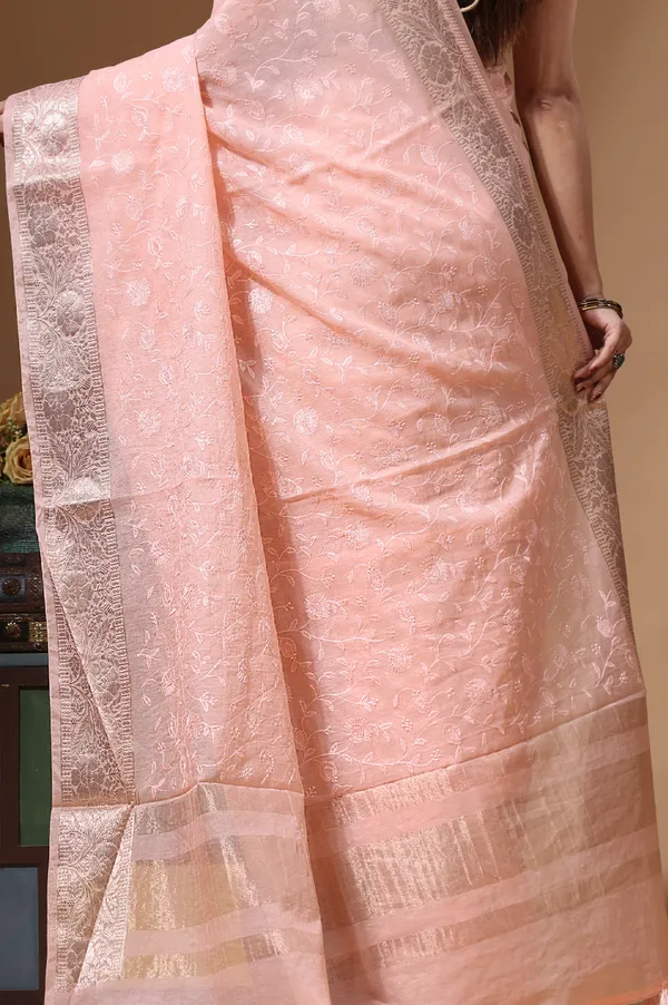 PEACH_MAL_CHANDERI_with_CHICKEN_KARI_Saree_with_Blouse_Piece