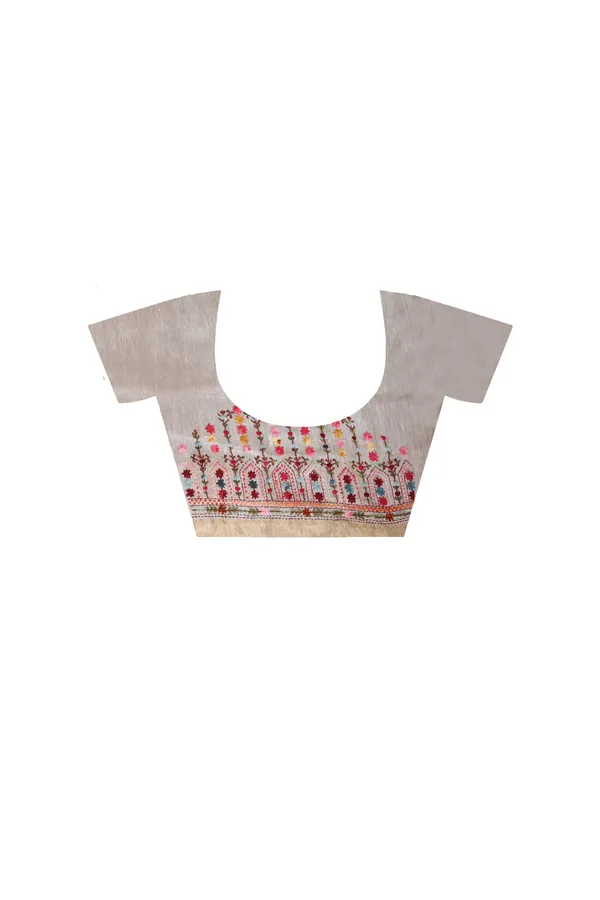 OFF-WHITE_PURE_LINEN_with_KANTHA_WORK_Saree_with_Blouse_Piece