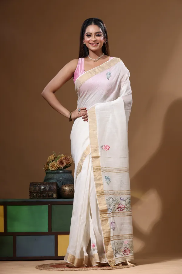 OFF-WHITE_SILK_LINEN_with_KANTHA_WORK_Saree_with_Blouse_Piece
