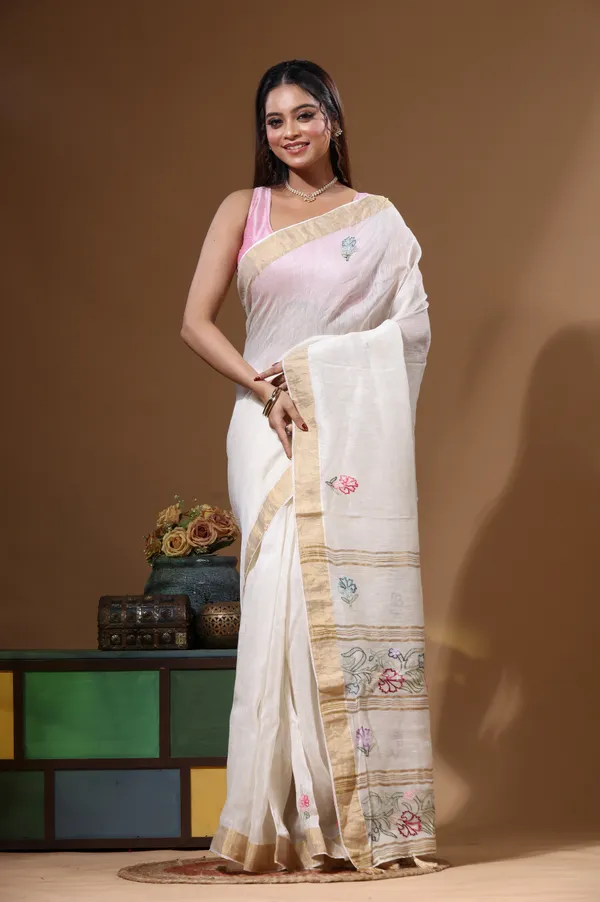 OFF-WHITE_SILK_LINEN_with_KANTHA_WORK_Saree_with_Blouse_Piece