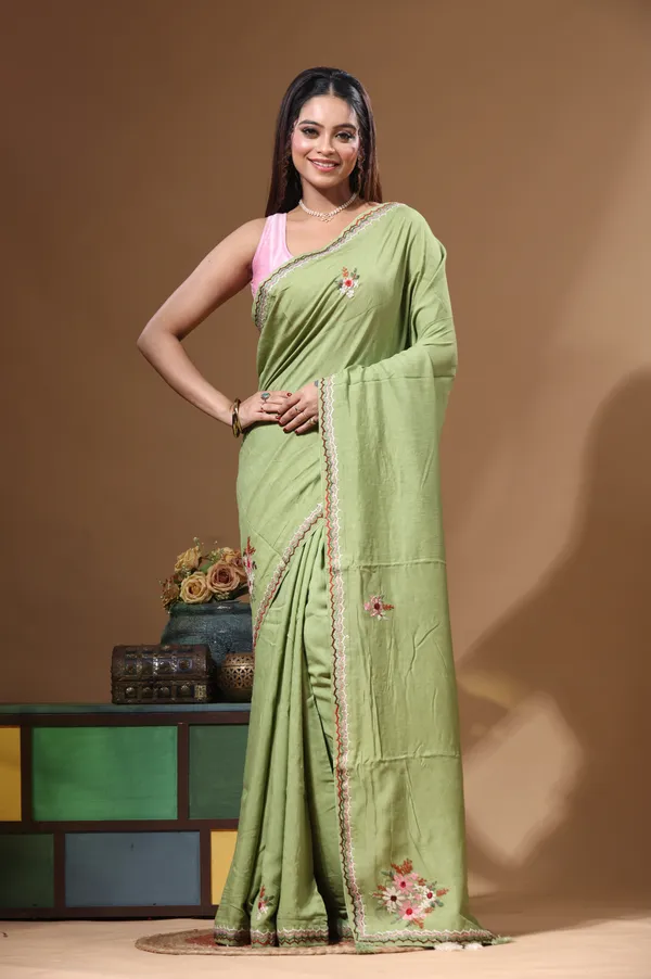 GREEN_PURE_LINEN_with_KANTHA_WORK_Saree_with_Blouse_Piece