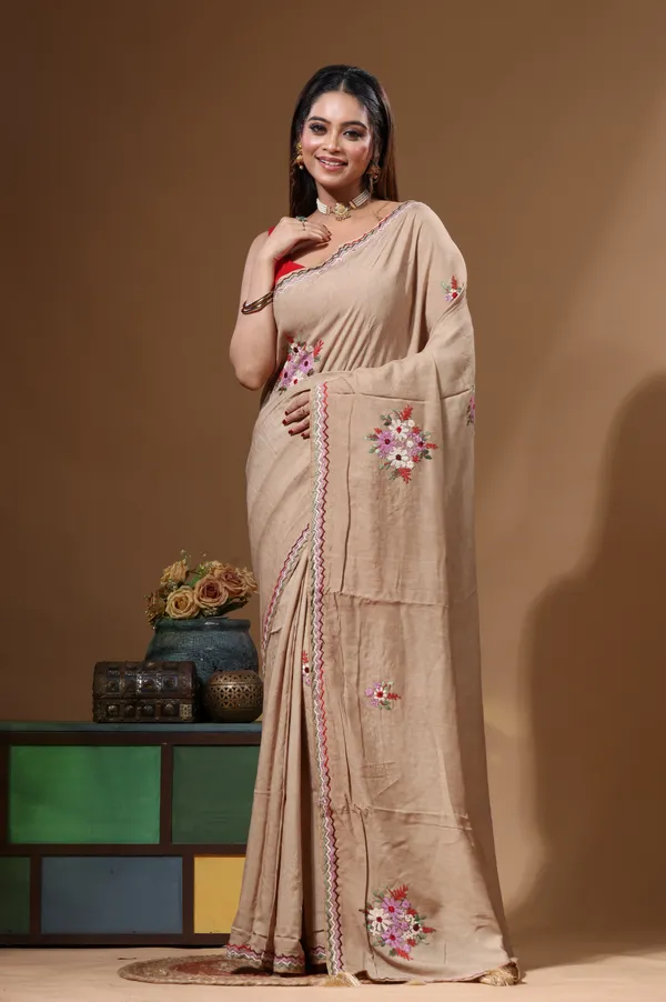 BEIGE_PURE_LINEN_with_KANTHA_WORK_Saree_with_Blouse_Piece