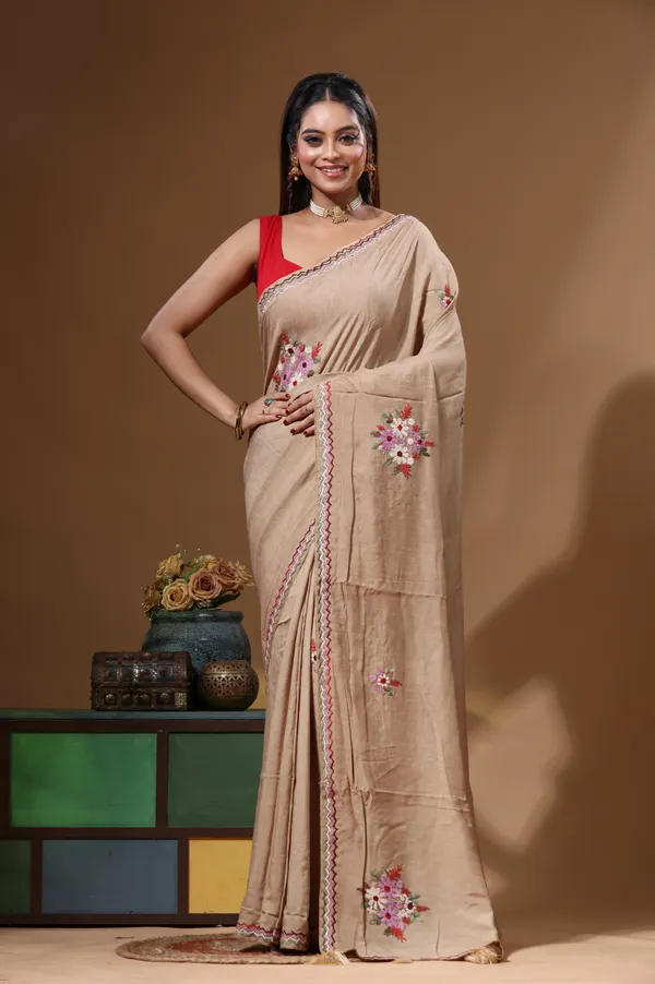 BEIGE_PURE_LINEN_with_KANTHA_WORK_Saree_with_Blouse_Piece