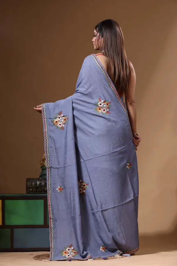 TEAL_BLUE_PURE_LINEN_with_KANTHA_WORK_Saree_with_Blouse_Piece