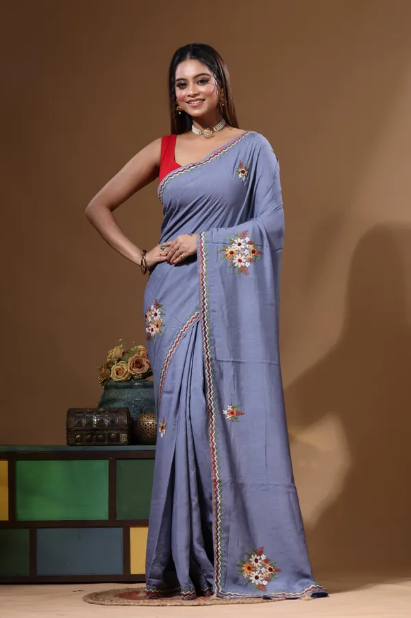 TEAL_BLUE_PURE_LINEN_with_KANTHA_WORK_Saree_with_Blouse_Piece