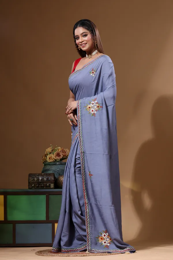 TEAL_BLUE_PURE_LINEN_with_KANTHA_WORK_Saree_with_Blouse_Piece