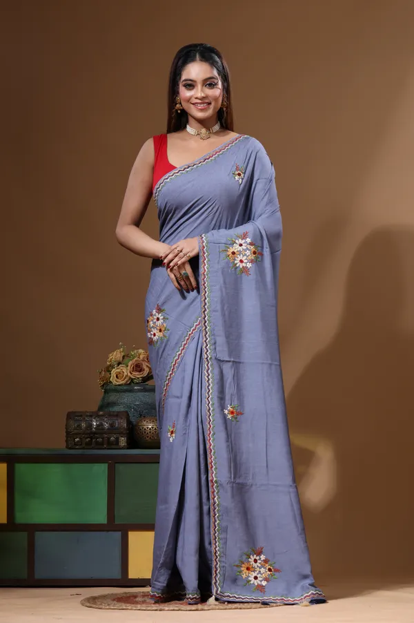 TEAL_BLUE_PURE_LINEN_with_KANTHA_WORK_Saree_with_Blouse_Piece