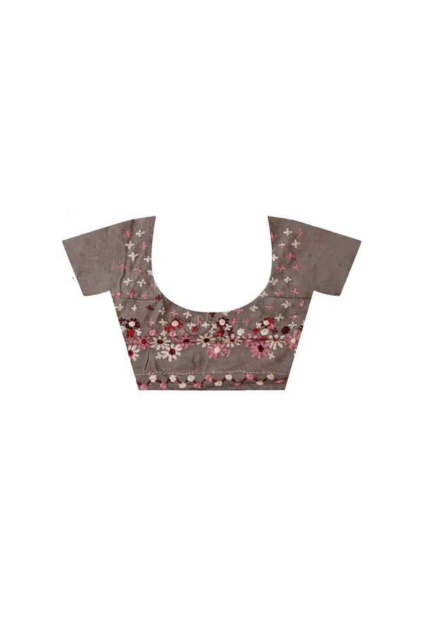 DAVY'S_GREY_PURE_LINEN_with_KANTHA_WORK_Saree_with_Blouse_Piece