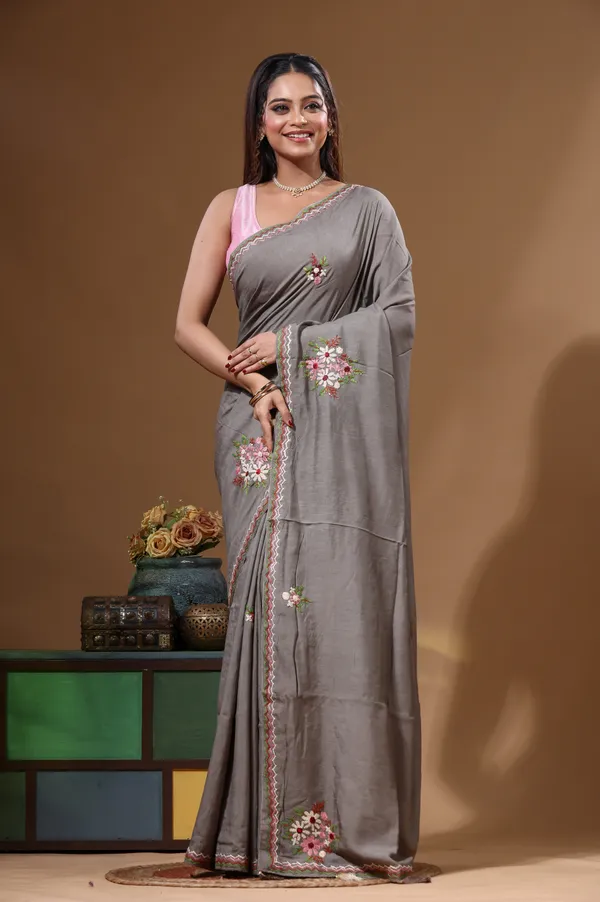 DAVY'S_GREY_PURE_LINEN_with_KANTHA_WORK_Saree_with_Blouse_Piece
