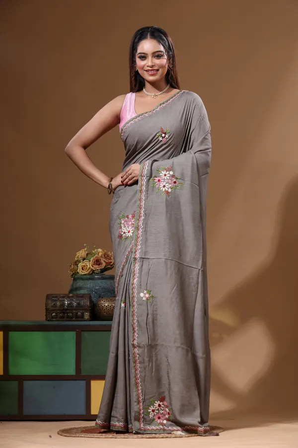 DAVY'S_GREY_PURE_LINEN_with_KANTHA_WORK_Saree_with_Blouse_Piece
