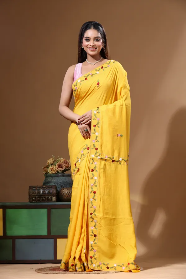 MUSTARD_YELLOW_PURE_LINEN_with_KANTHA_WORK_Saree_with_Blouse_Piece