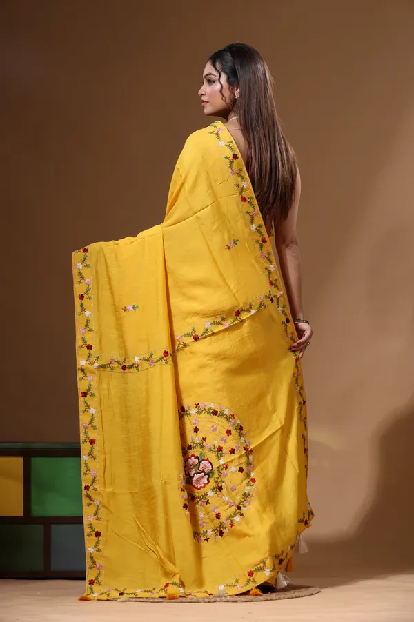MUSTARD_YELLOW_PURE_LINEN_with_KANTHA_WORK_Saree_with_Blouse_Piece