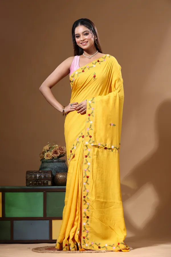 MUSTARD_YELLOW_PURE_LINEN_with_KANTHA_WORK_Saree_with_Blouse_Piece