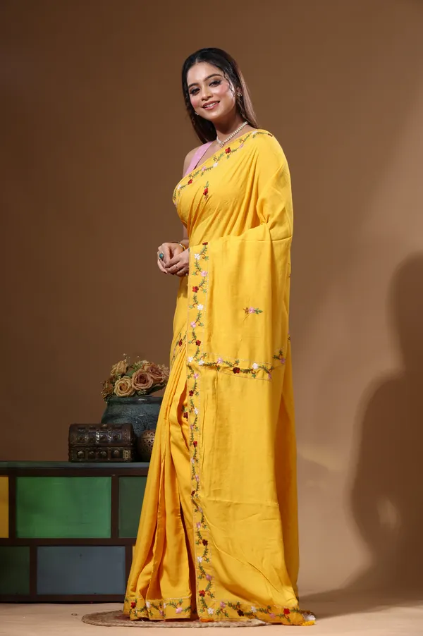 MUSTARD_YELLOW_PURE_LINEN_with_KANTHA_WORK_Saree_with_Blouse_Piece