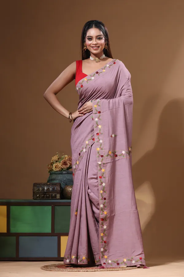 LAVENDAR_PURE_LINEN_with_KANTHA_WORK_Saree_with_Blouse_Piece