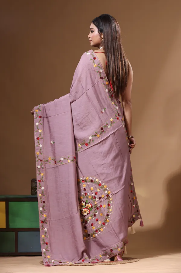 LAVENDAR_PURE_LINEN_with_KANTHA_WORK_Saree_with_Blouse_Piece