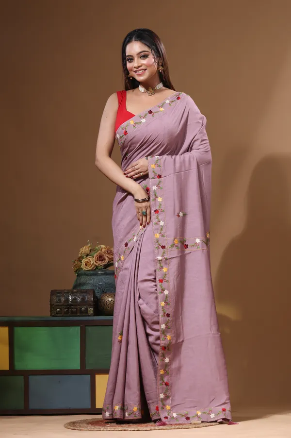 LAVENDAR_PURE_LINEN_with_KANTHA_WORK_Saree_with_Blouse_Piece