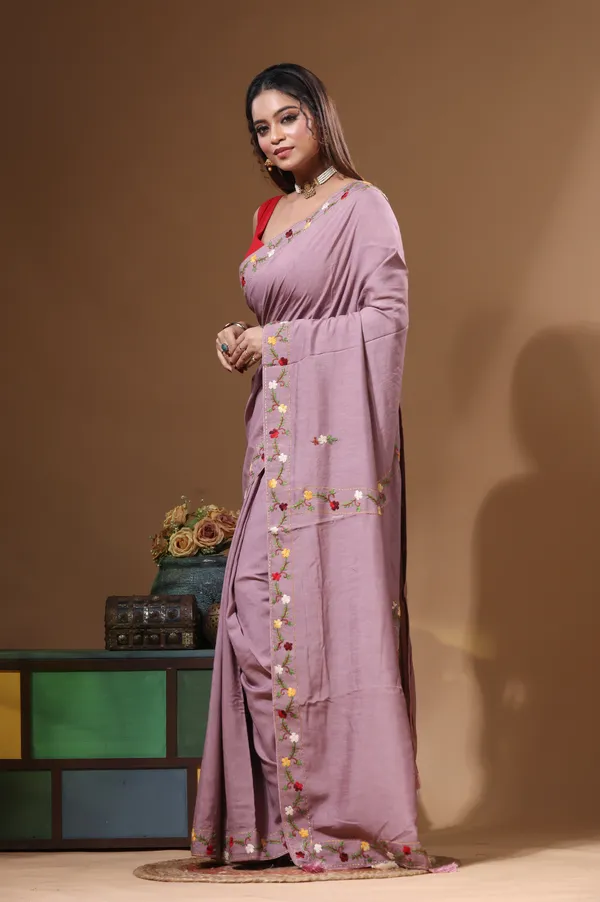 LAVENDAR_PURE_LINEN_with_KANTHA_WORK_Saree_with_Blouse_Piece