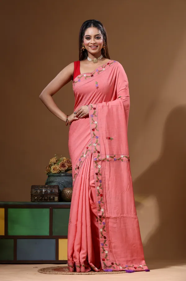 CHERRY_PINK_PURE_LINEN_with_KANTHA_WORK_Saree_with_Blouse_Piece