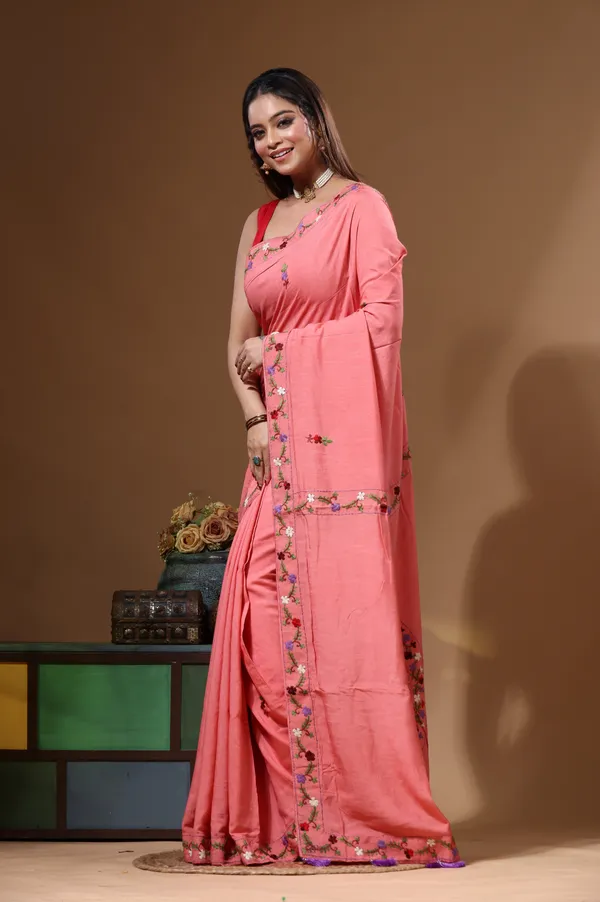 CHERRY_PINK_PURE_LINEN_with_KANTHA_WORK_Saree_with_Blouse_Piece