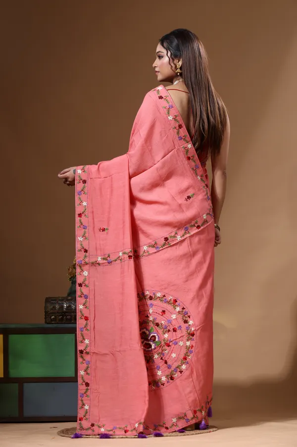 CHERRY_PINK_PURE_LINEN_with_KANTHA_WORK_Saree_with_Blouse_Piece