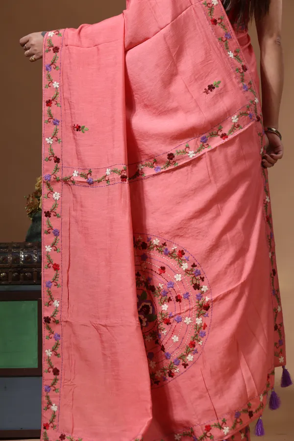 CHERRY_PINK_PURE_LINEN_with_KANTHA_WORK_Saree_with_Blouse_Piece