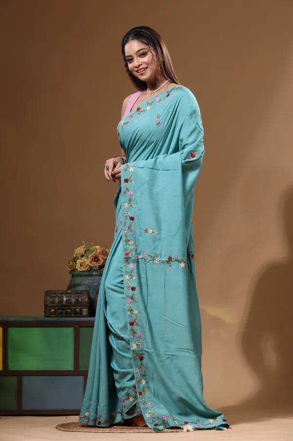 TEAL_BLUE_PURE_LINEN_with_KANTHA_WORK_Saree_with_Blouse_Piece