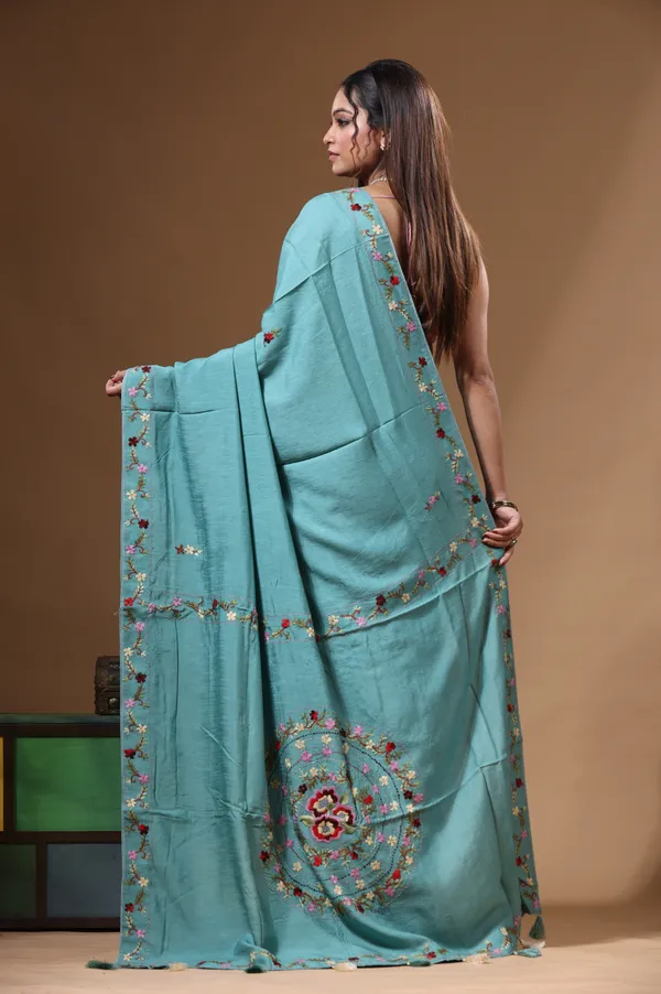 TEAL_BLUE_PURE_LINEN_with_KANTHA_WORK_Saree_with_Blouse_Piece