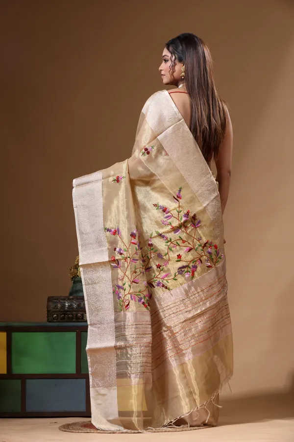 BEIGE_PURE_TISSUE_with_KANTHA_WORK_Saree_with_Blouse_Piece
