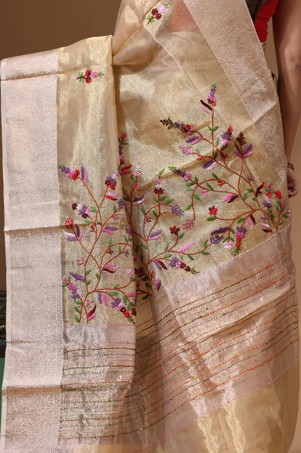 BEIGE_PURE_TISSUE_with_KANTHA_WORK_Saree_with_Blouse_Piece