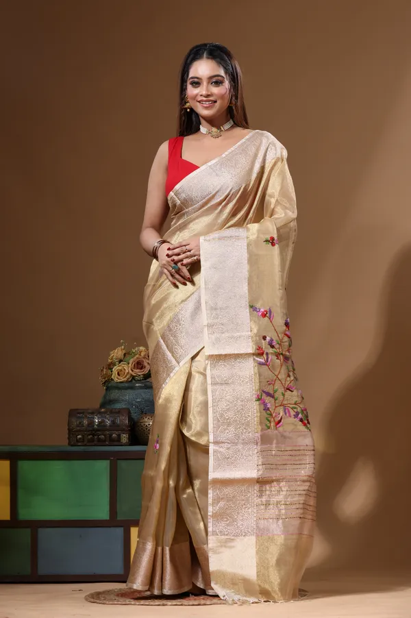 BEIGE_PURE_TISSUE_with_KANTHA_WORK_Saree_with_Blouse_Piece
