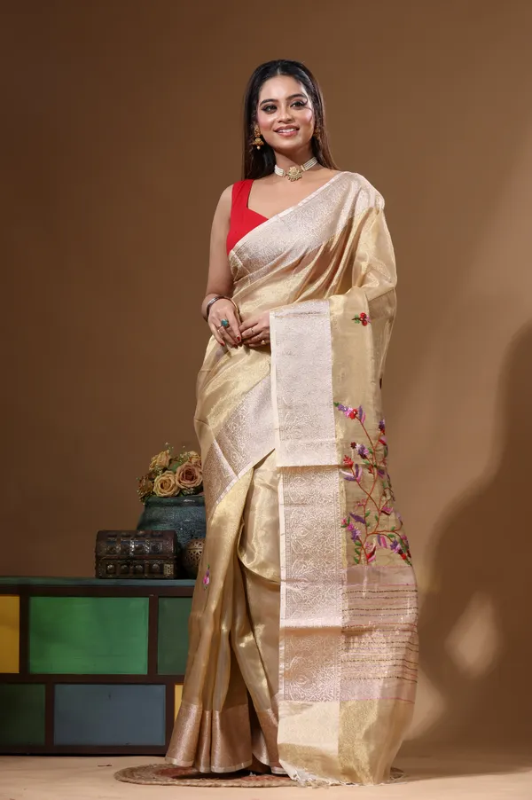 BEIGE_PURE_TISSUE_with_KANTHA_WORK_Saree_with_Blouse_Piece
