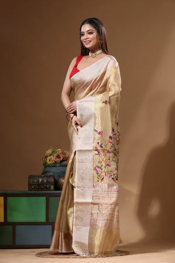 BEIGE_PURE_TISSUE_with_KANTHA_WORK_Saree_with_Blouse_Piece