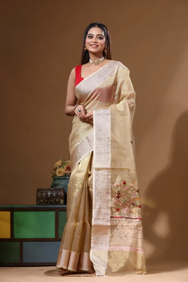 BEIGE_PURE_TISSUE_with_KANTHA_WORK_Saree_with_Blouse_Piece