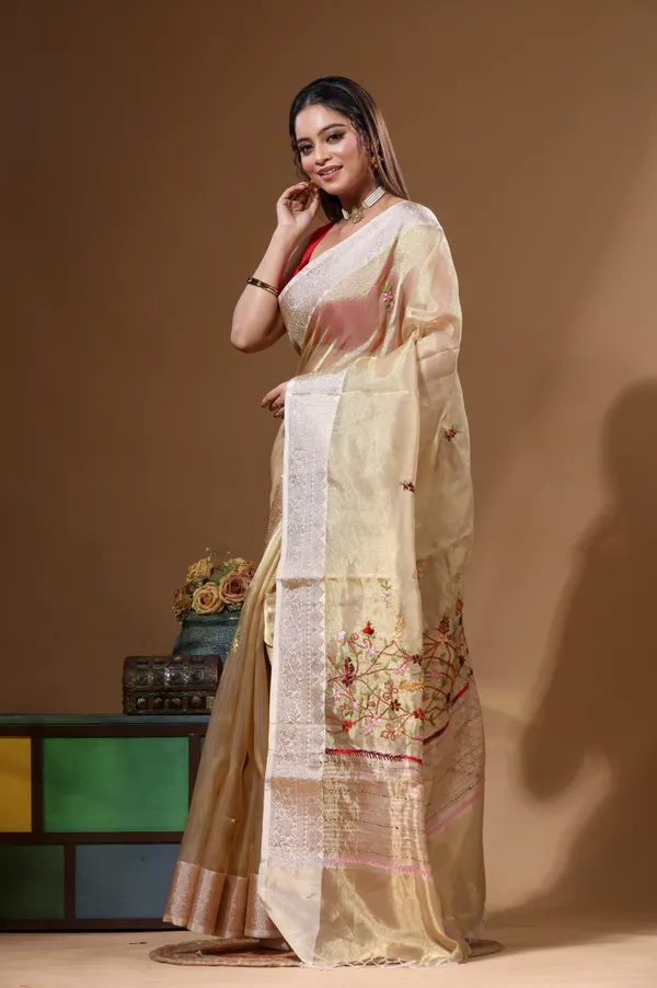 BEIGE_PURE_TISSUE_with_KANTHA_WORK_Saree_with_Blouse_Piece