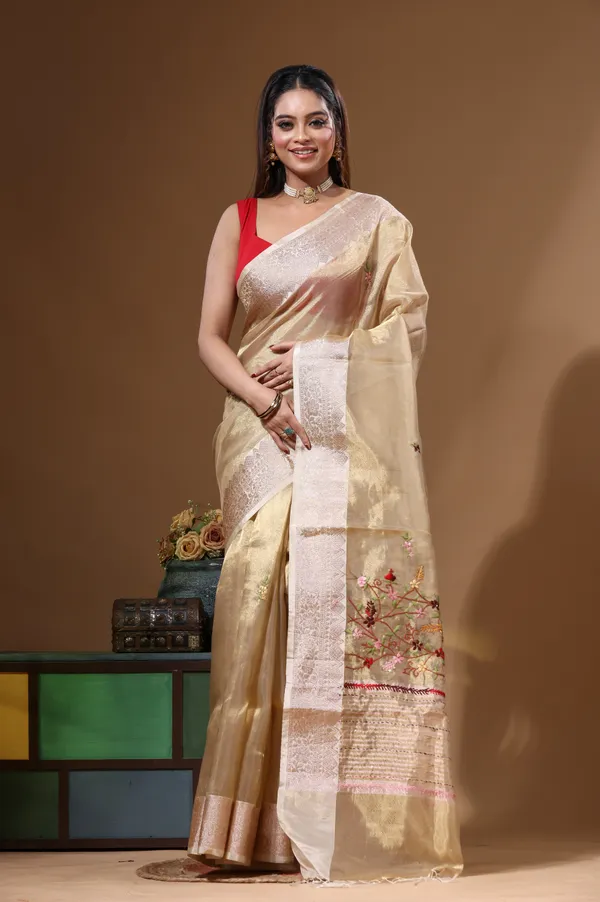 BEIGE_PURE_TISSUE_with_KANTHA_WORK_Saree_with_Blouse_Piece