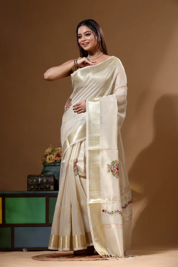 BEIGE_KOTA_TISSUE_with_KANTHA_WORK_Saree_with_Blouse_Piece