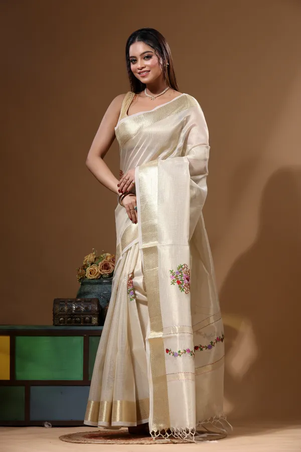 BEIGE_KOTA_TISSUE_with_KANTHA_WORK_Saree_with_Blouse_Piece