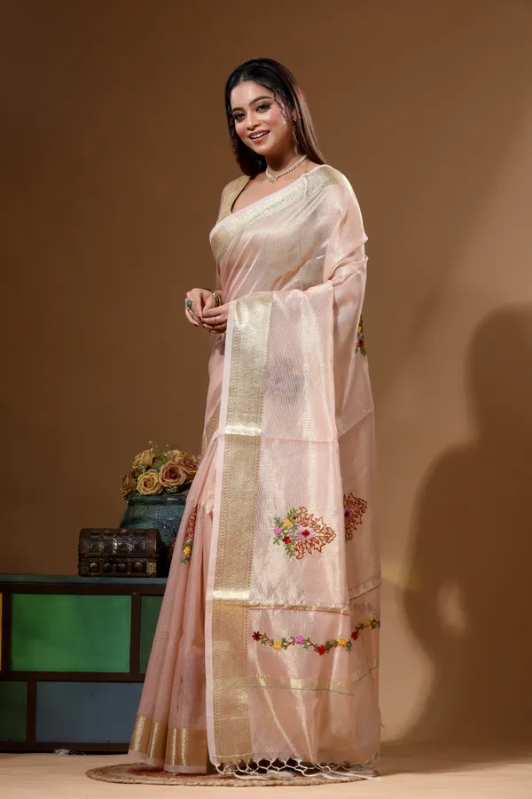 PEACH_KOTA_TISSUE_with_KANTHA_WORK_Saree_with_Blouse_Piece